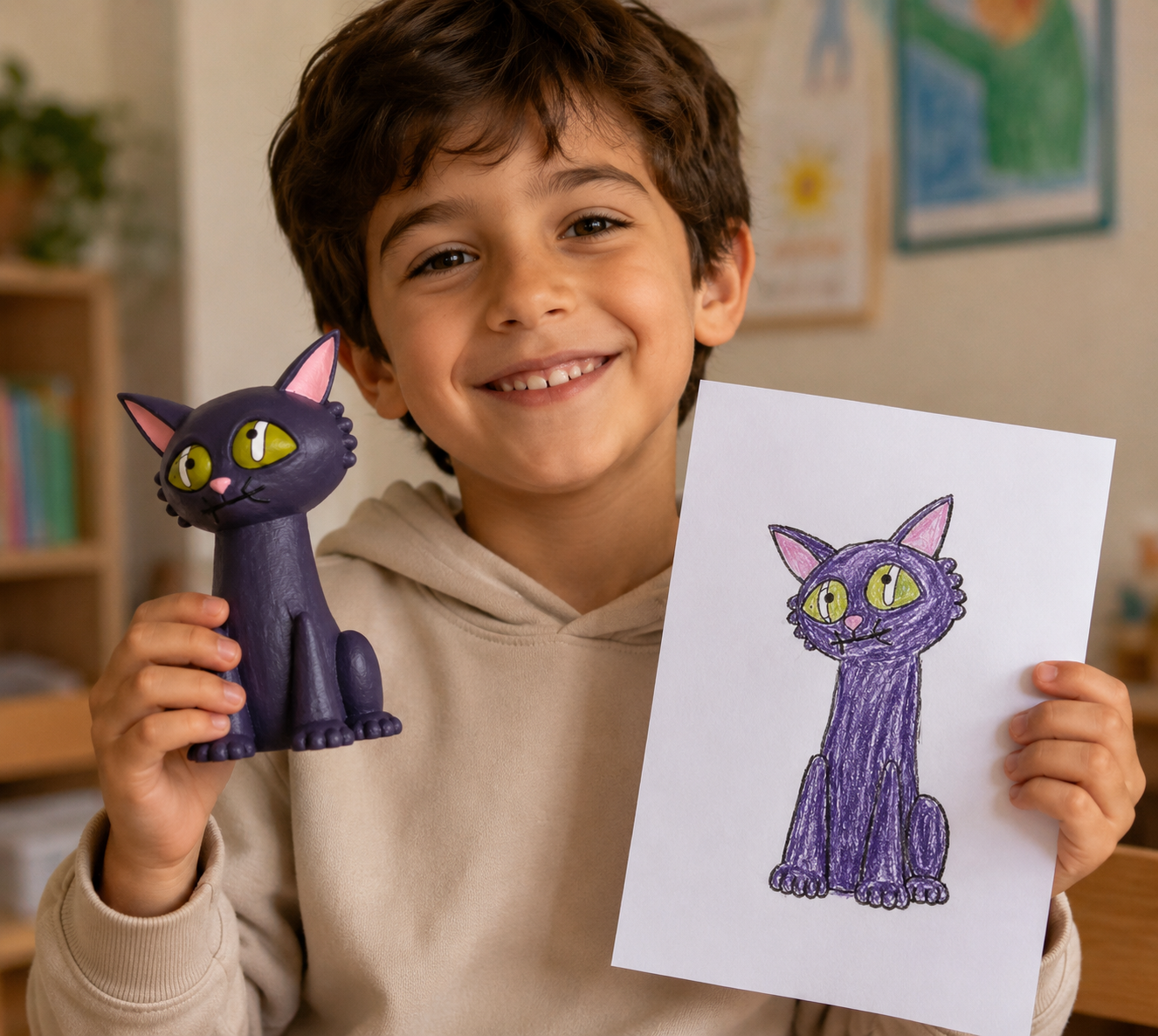 Bambino che tiene in mano il suo gatto viola 3D