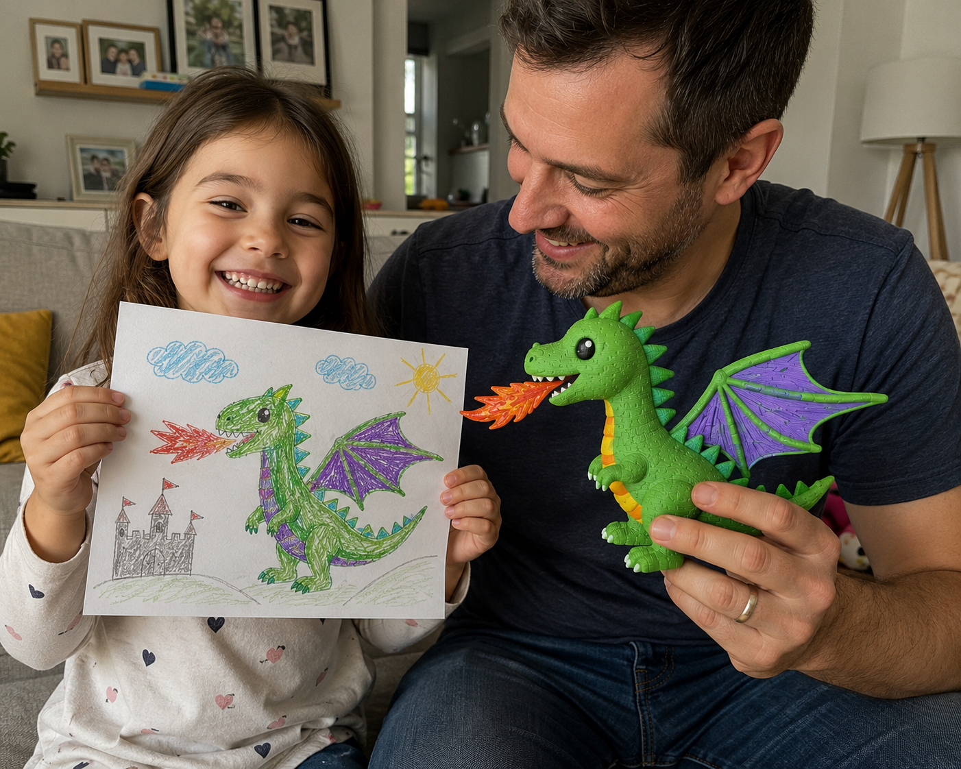 Drago con fuoco — papà e figlia con la figura 3D