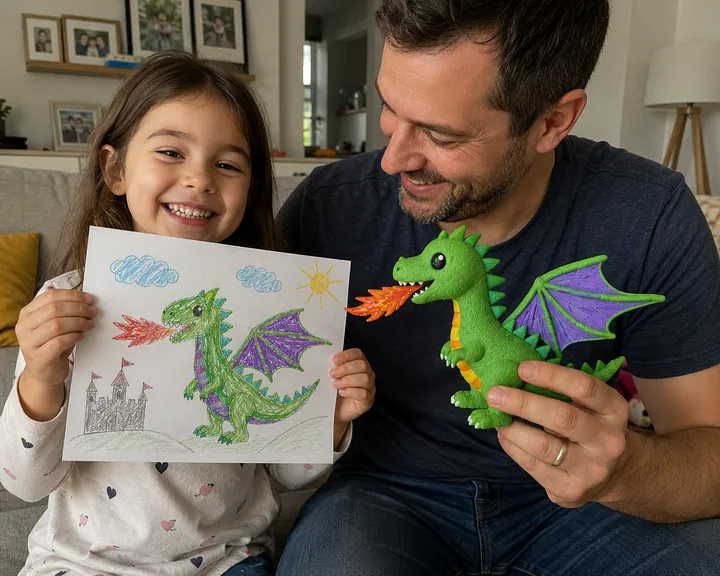 Papà e figlia con la figura 3D di drago Modelixity